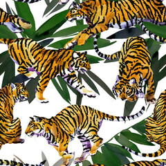 seamless pattern tiger in the tropical jungle. watercolor animal illustration