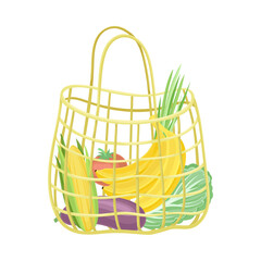 String Reusable Bag with Grocery Products as Eco Shopping Vector Illustration