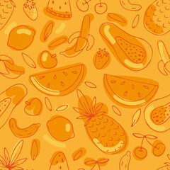 summer exotic fruits - watermelon, papaya, banana, lemon, set of green tropical leaves, vector seamless pattern of doodle elements