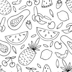 summer exotic fruits - watermelon, papaya, banana, lemon, set of green tropical leaves, vector seamless pattern of doodle elements