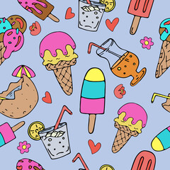delicious refreshing drinks and ice cream, vector seamless pattern of doodle elements
