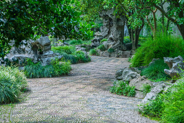Inside view of Liu Yuan, a traditional Chinese garden and UNESCO heritage site in Suzhou, China.