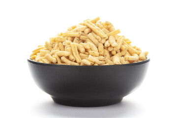 Close up of Ratlami Besan sev plane and salty Indian namkeen (snacks) on a ceramic black bowl.