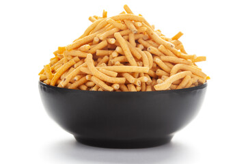 Close up of Marwadi Bhujiya Indian namkeen (snacks) on a ceramic black bowl.
