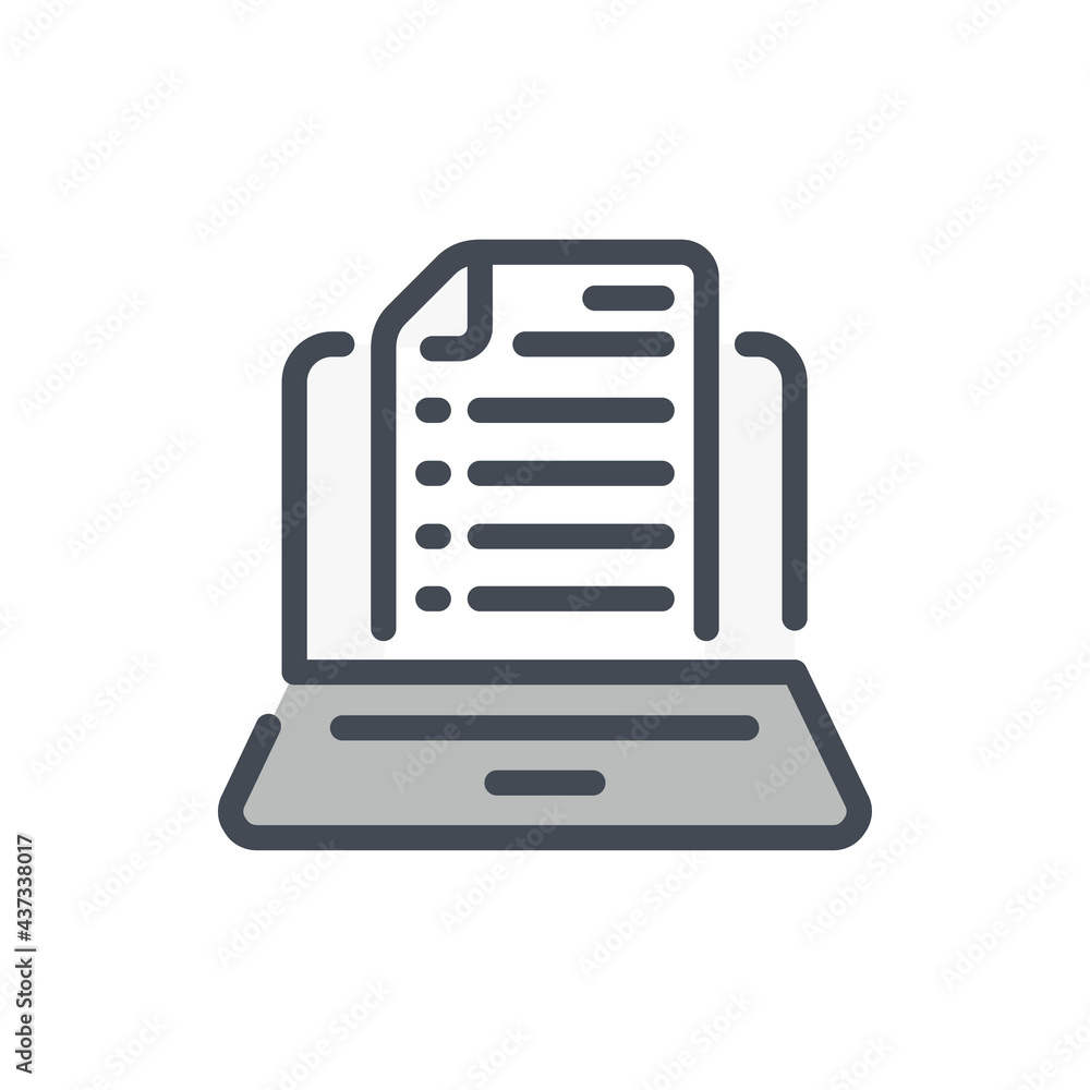 Fototapete Online documentation and blog color line icon. Laptop with document  vector outline colorful sign.