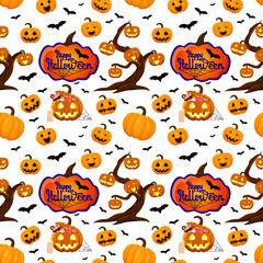 Seamless pattern for Halloween. Pumpkins, bats, inscriptions.
