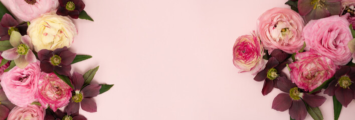 Beautiful fresh flower ranunculus flat lay with copy space