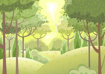 Fototapeta premium Amusing beautiful forest landscape. Leaves. Cartoon style. Grass hills. Rural natural look. Cool romantic pretty. Flat design illustration. Vector art