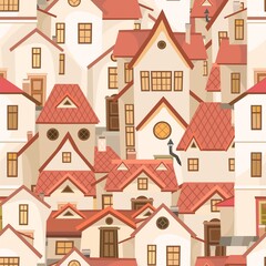 Town is small. Street. Seamless illustration with cartoon village or city houses. Day. Nice cozy private residence in traditional style. Background. Cute funny home with red roof. Vector