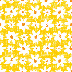 Vector yellow big and small rows of fun daisy flowers repeat pattern with canvas background. Suitable for textile, gift wrap and wallpaper.