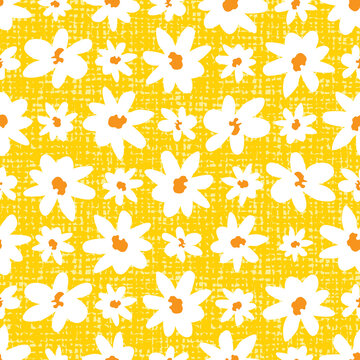 Vector yellow big and small rows of fun daisy flowers repeat pattern with canvas background. Suitable for textile, gift wrap and wallpaper.
