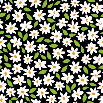 Vector black and white cute fun daisy flowers with green leaves repeat pattern with orange center. Suitable for textile, gift wrap and wallpaper.