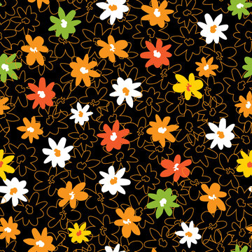 Vector colourful scattered multicoloured fun daisy flowers repeat pattern with outlines. Suitable for textile, gift wrap and wallpaper.
