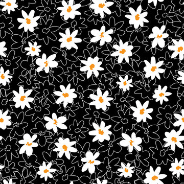 Vector black and white scattered fun daisy flowers repeat pattern with outlines. Suitable for textile, gift wrap and wallpaper.
