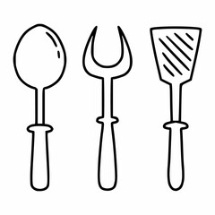 Cutlery for cooking in  kitchen. Spoon, fork, and spatula. Vector icon in  doodle style.