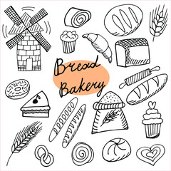 Cute vector set on the theme of bakery products, baking. Doodle sketch illustrations for the design of restaurants, bakeries, cafes, advertising, prints, emblems and logos.
