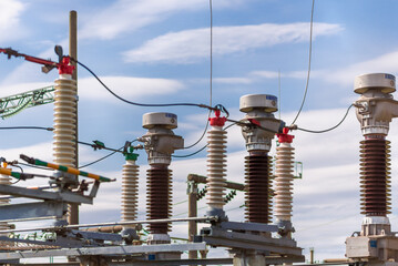 High voltage power transformer,generator electric in substation.Front view to high-voltage...