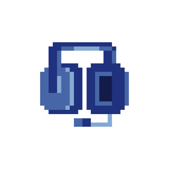 Headphones pixel art icon. Online assistant, client support manager. Headphone with microphone isolated vector illustration. Design for stickers, logo, app. 