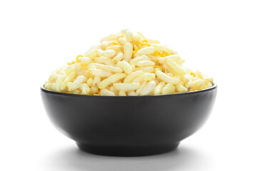 Close-Up of Crunchy Lemon Bhel in a black ceramic bowl made with Puffed Rice small besan sev. Indian spicy snacks (Namkeen),