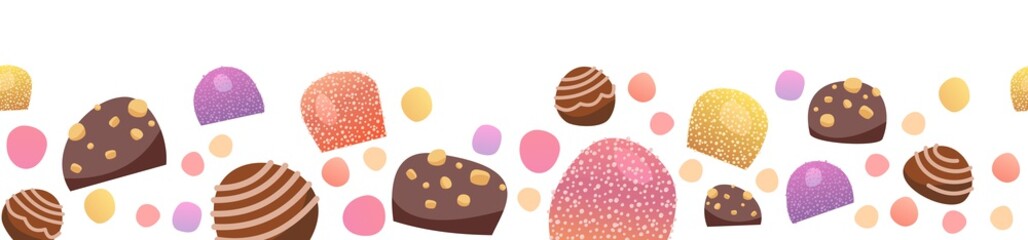 Sweets with hazelnuts. Nuts. Assorted dessert chocolate and marmalade. Candy caramel, jelly. Isolated. Bottom seamless border. Flat Background illustration. Vector