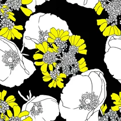 Foto op Plexiglas anti-reflex White poppiea and yellow flowers graphics on black background seamless pattern for all prints. Hand drawing. © Halyna