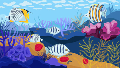 Naklejka na ściany i meble Ocean floor, corals, seaweed and seashells in bright colors and cute fish.