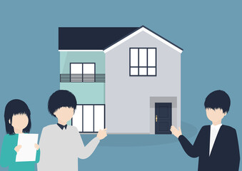 不動産屋と若い日本人夫婦のイラスト素材