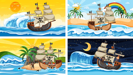 Obraz premium Set of different beach scenes with pirate ship and pirate cartoon character