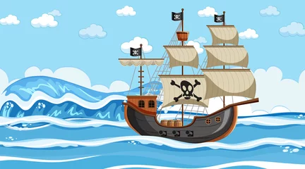 Fototapete Piraten Ocean scene at day time with Pirate ship in cartoon style  © brgfx