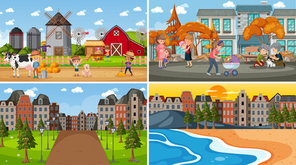 Set of different nature scenes cartoon style