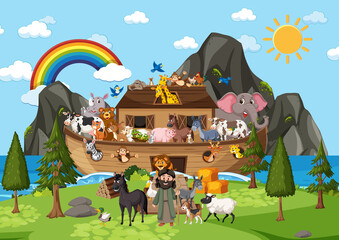 Outdoor nature scene with Noah's Ark with Animals
