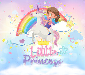 Little girl riding pegasus with little princess font in the sky