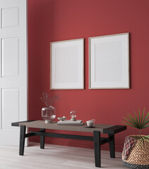 Poster frame mockup, red modern interior background, 3d render
