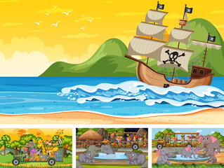 Set of different scenes with pirate ship at the sea and animals in the zoo