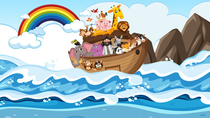 Naklejka premium Noah's Ark with animals in the ocean scene