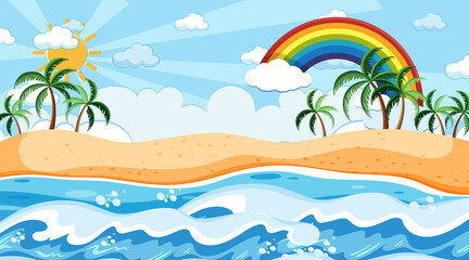 Fototapeta na wymiar Beach landscape at day time scene with rainbow in the sky