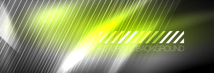 Neon glowing lines, magic energy and light motion background. Vector wallpaper template