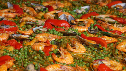 Seafood paella the traditional Spanish dish from Valencia, Close up