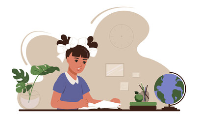 Back to school concept. The girl is sitting at a table with school supplies and studying at books. Flat vector illustration of education