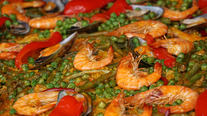 Seafood paella the traditional Spanish dish from Valencia, Close up