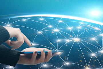 global mobile trade, technology in financial investment in business,double exposure,Elements of this image furnished by NASA