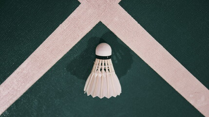 Cream white badminton shuttlecock and neon light shading on a green floor indoor badminton court , badminton sport wallpaper or background for presentation with copy space on the