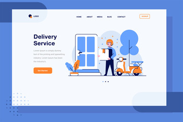 Obraz na płótnie Canvas Landing Page Business marketplace Courier deliver item stuff with motorcycle to a consumer house home door flat and outline design style
