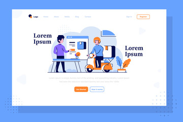 Obraz na płótnie Canvas Landing Page Business marketplace people order some stuff in application the Courier deliver item with motorcycle flat and outline design style