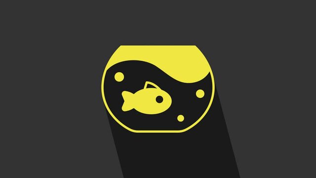 Yellow Aquarium with fish icon isolated on grey background. Round glass aquarium. Aquarium for home and pets. 4K Video motion graphic animation