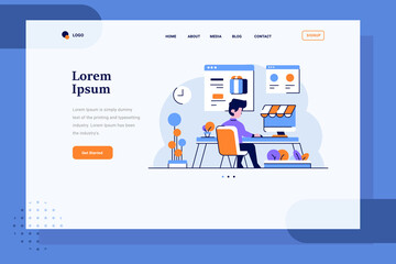 Landing Page ecommerce a man choose goods and buy stuff in marketplace transaction online shopping flat and outline design style