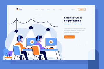 Landing Page Professional Gamer team with headsets at the table at computer playing video games tournament e-sport flat and outline design style