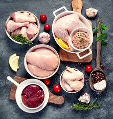 Raw chicken meat parts with spices and herbs for cooking on dark background.