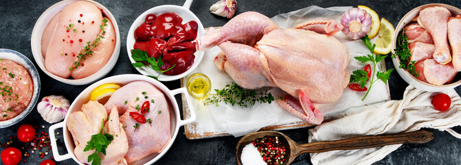 Raw chicken meat parts with spices and herbs for cooking on dark background.