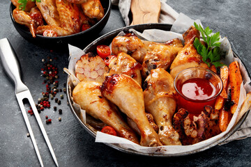 Roasted chicken legs with garlic and sauce on gray background.